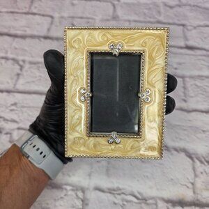 Vtg Golden Marbelized Art Deco Rhinestone Beading Edge Trim Photo Frame 1.5X 2.5